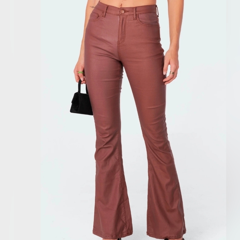 Edikted Brown "Luna" Stretch Faux Leather Flare Pants - PETITE XL